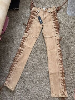 Fashion Nova Lace-Up Straight Leg Jeans in Tan